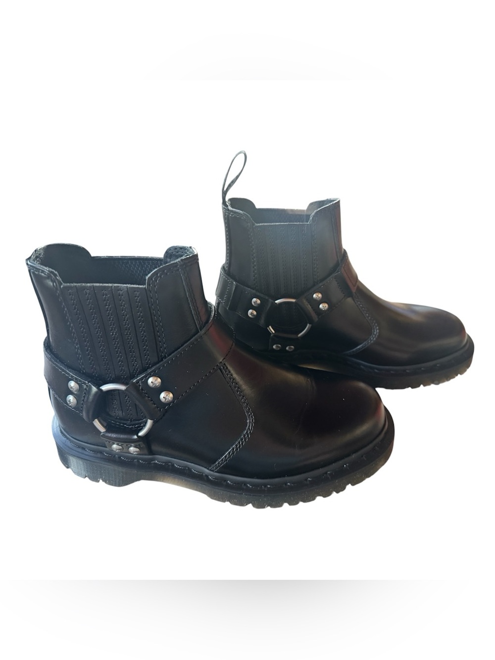 Dr Martens Black Leather Harness Chelsea Boots w/ black stitch  US Women7/ Men 6